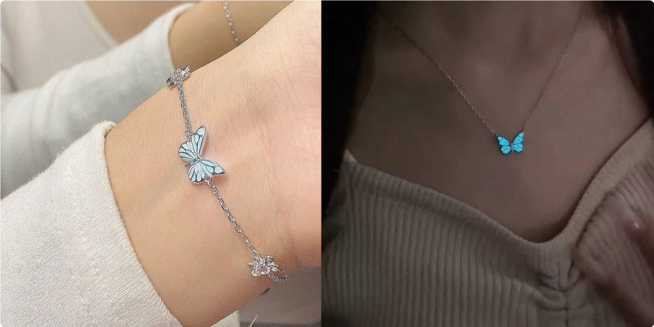 Glow-in-the-Dark Luminous Butterfly Jewelry Set: Stunning Blue Necklace and Bracelet Combo – Perfect Clavicle Chain Choker for Women’s Parties and Gifts" CJ