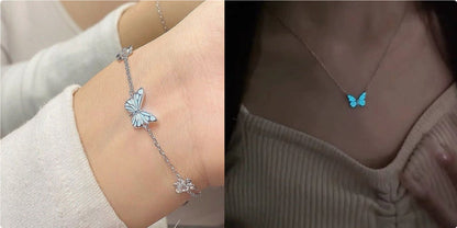Glow-in-the-Dark Luminous Butterfly Jewelry Set: Stunning Blue Necklace and Bracelet Combo – Perfect Clavicle Chain Choker for Women’s Parties and Gifts" CJ
