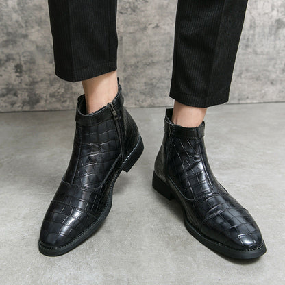 Men's Crocodile Pattern Boots Fashion Pointed Toe Low Square Heel Buckle Zipper Ankle Boots Business Formal Leather Shoes A&S Collection
