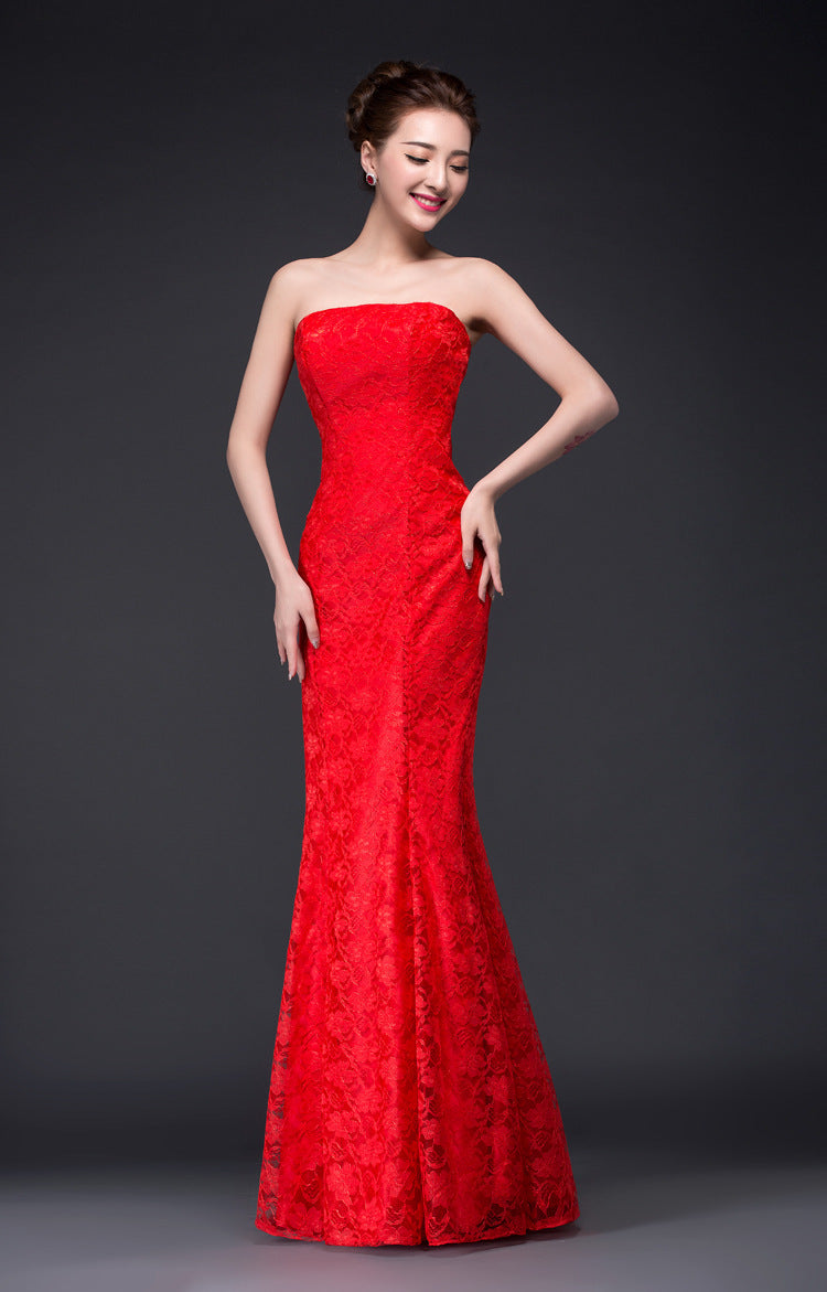 Long dress fuchsia and white lace trailing sexy bride wedding dress A&S Collection