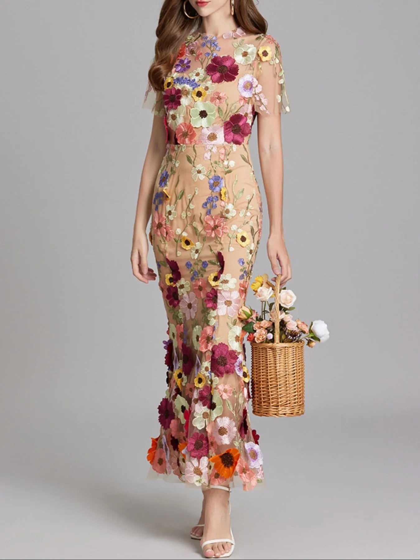 Floral Embroidered Mesh Overlay Maxi Dress.