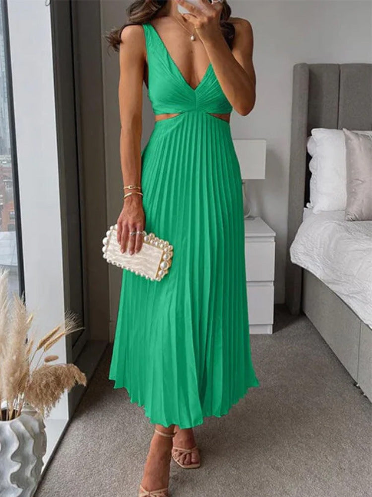 Ins Suspender Pleated Long Dress With Hollow-waisted Design Fashion V-neck Backless Dresses Summer Women's Clothing A&S Collection