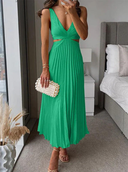 Ins Suspender Pleated Long Dress With Hollow-waisted Design Fashion V-neck Backless Dresses Summer Women's Clothing A&S Collection