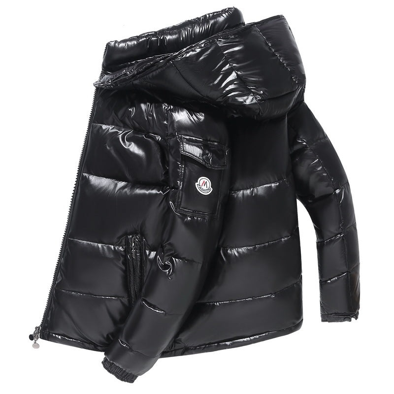 This vibrant red down jacket is designed for winter, featuring a thick, insulated hood and stylish printed logo for a fashionable and warm outdoor look A&S Collection