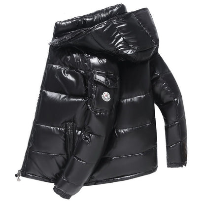 This vibrant red down jacket is designed for winter, featuring a thick, insulated hood and stylish printed logo for a fashionable and warm outdoor look A&S Collection