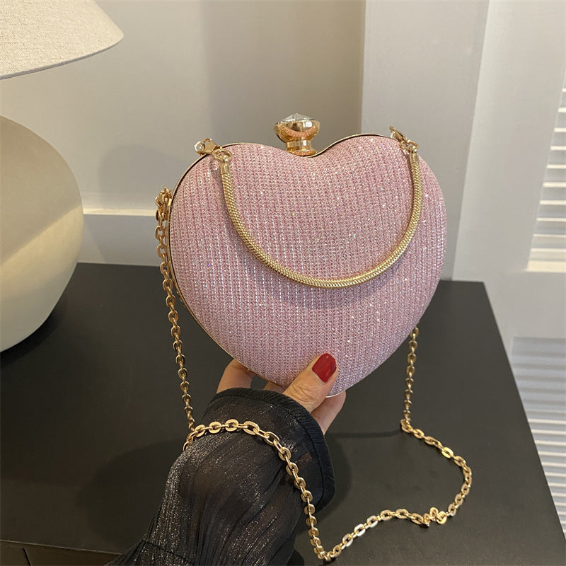 Evening Clutch Bag Women Bag Shiny Handbag Heart Shape Metal Clutches Bag Fashion Chain Shoulder Crossbody Bag Luxury Lady Purse Valentines Day Outfit A&S Collection