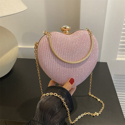 Evening Clutch Bag Women Bag Shiny Handbag Heart Shape Metal Clutches Bag Fashion Chain Shoulder Crossbody Bag Luxury Lady Purse Valentines Day Outfit A&S Collection
