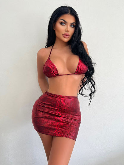 Women's 3 Piece Bathing Suits Halter Snake Pattern Bikini Set With Cover Up Skirt Summer Swimsuit A&S Collection