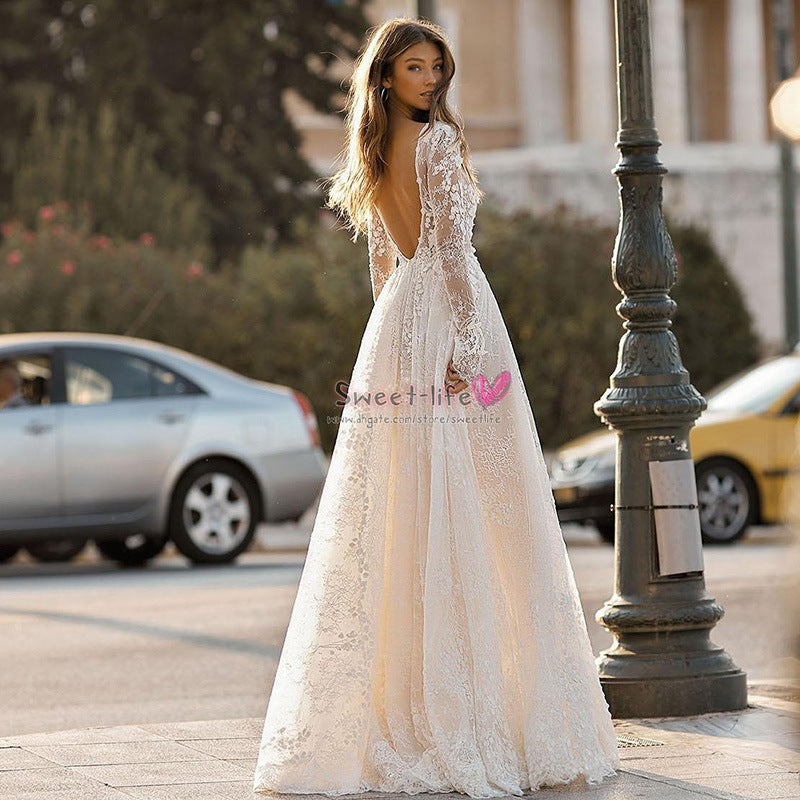 Women's Wedding Dress Lace Long Sleeve Dinner Party Gown A&S Collection