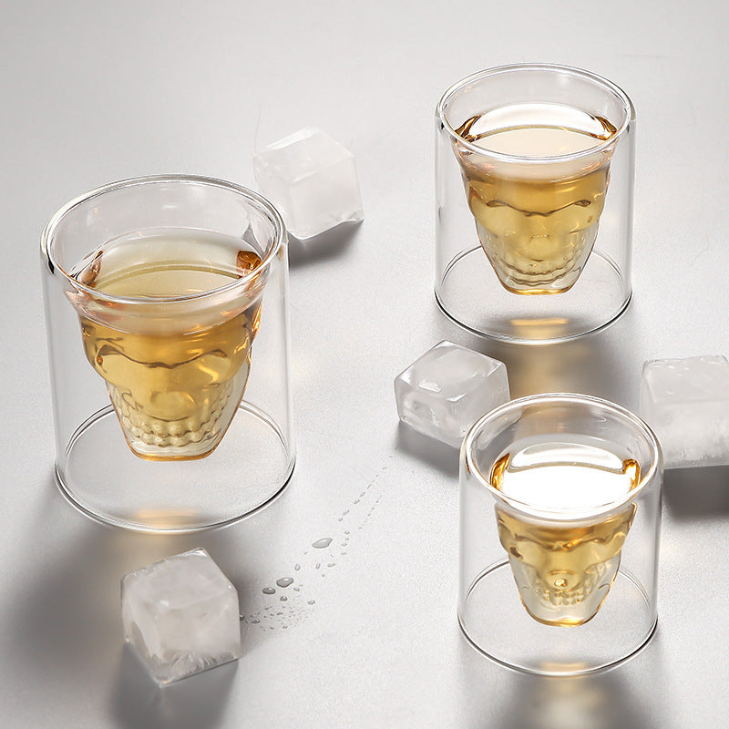 Stylish double-walled skull head glass beer cups, heat-resistant, perfect for unique Korean-inspired aesthetics A&S Collection