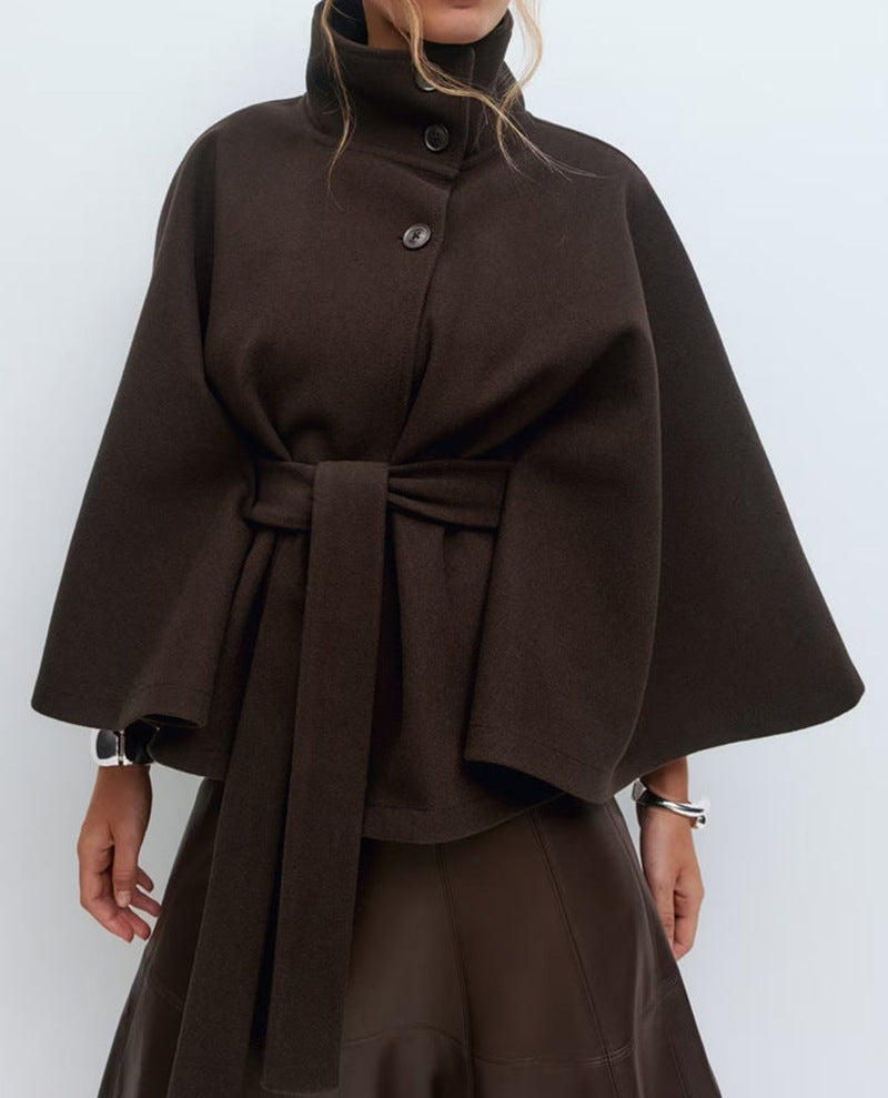 Winter High Neck Batwing Sleeve Coat With Belt Fashion Loose Elegant Button Top Trench Coat For Women Clothing A&S Collection