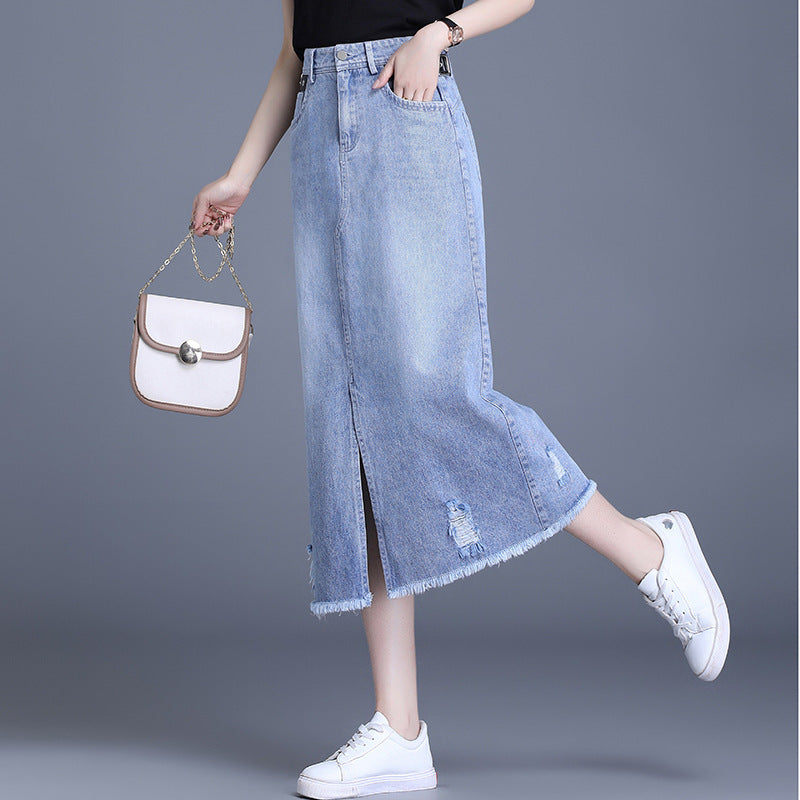 Trendy Korean front slit denim skirt, summer slimming and chic A&S Collection