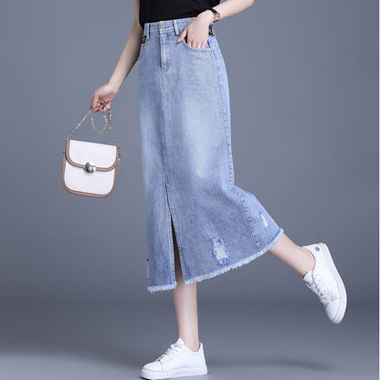 Trendy Korean front slit denim skirt, summer slimming and chic A&S Collection