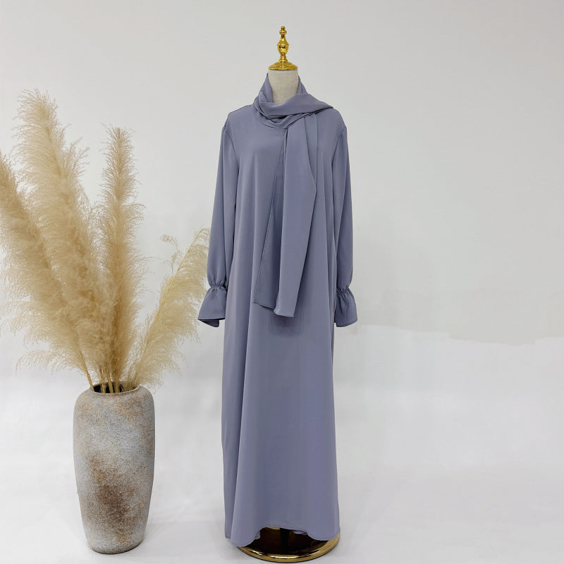 All flared sleeve dress- This elegant, long-sleeved dress features a sophisticated high neck with a draped scarf detail, perfect for a refined look. A&S Collection