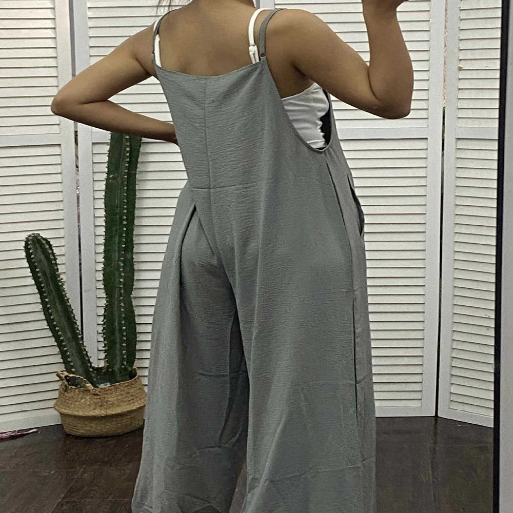 Women's Sleeveless Jumpsuit With Pockets And Adjustable Shoulder Strap Fashion Loose Wide Leg Straight Overalls Summer Beach Trousers A&S Collection