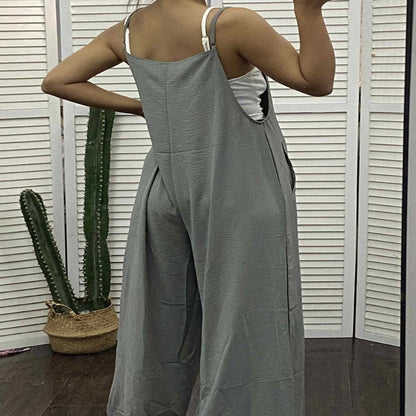 Women's Sleeveless Jumpsuit With Pockets And Adjustable Shoulder Strap Fashion Loose Wide Leg Straight Overalls Summer Beach Trousers A&S Collection