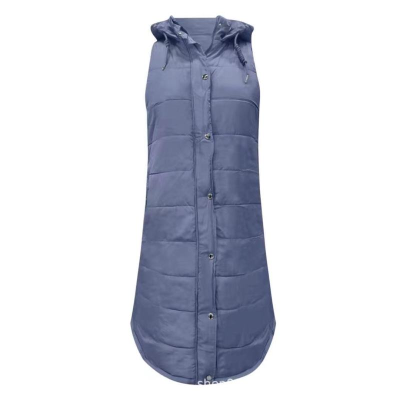 Solid color hooded single breasted medium long cotton-padded vest slim temperament cardigan coat top Hypersku