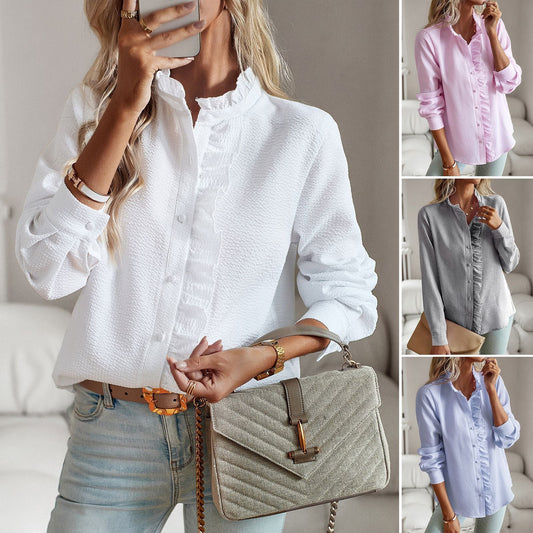 Striped Long Sleeve Shirt Fashion Ruffle Design Button Up Tops Casual Office Blouse Elegant Commuting Women's Clothing A&S Collection