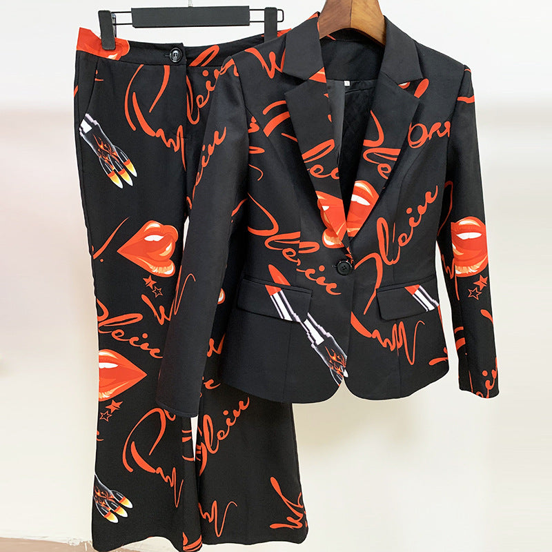 autumn and winter star fashion: Red lip letter print button suit with bell-bottom pants A&S Collection