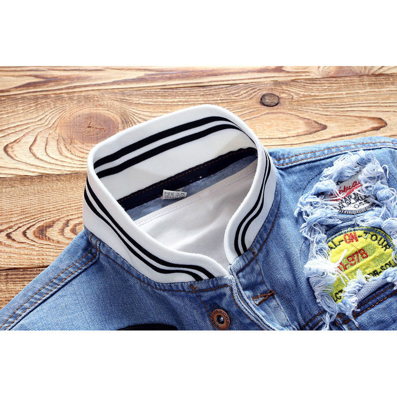 This stylish men's denim jacket features a casual, loose fit with trendy patches and embroidery, perfect for autumn and winter wear in the Harajuku BF style A&S Collection