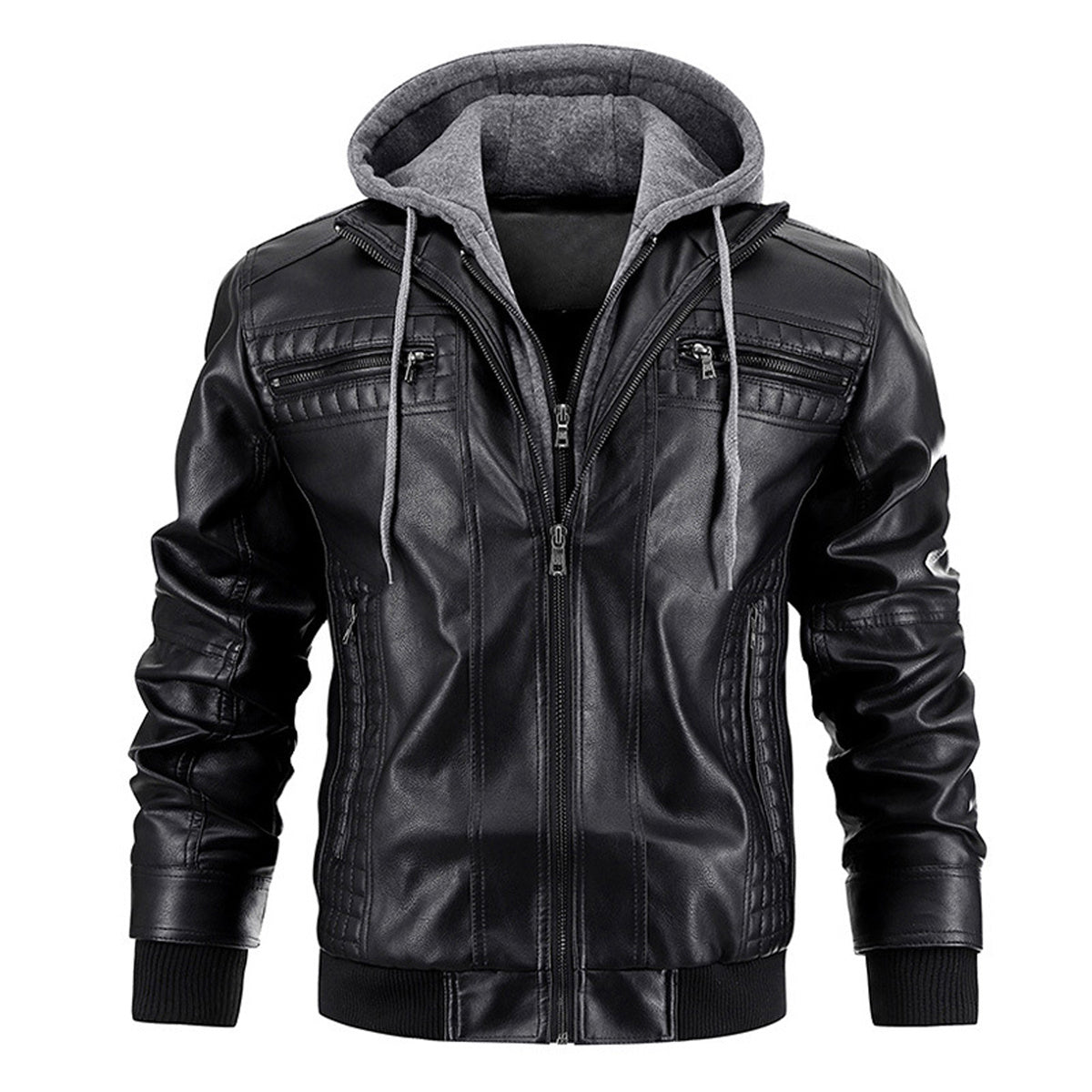 Men's Faux Leather Jacket Motorcycle Jacket Waterproof Windproof PU Moto Vintage Bomber Hoodie With Removable Hood A&S Collection
