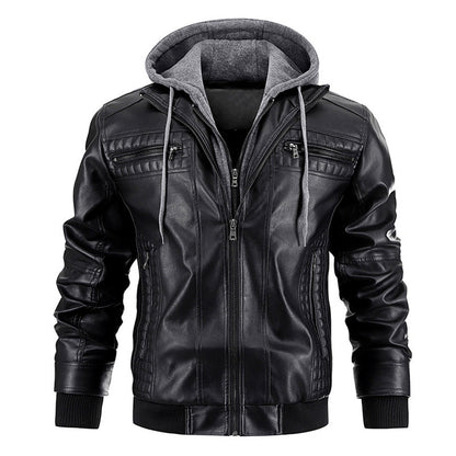 Men's Faux Leather Jacket Motorcycle Jacket Waterproof Windproof PU Moto Vintage Bomber Hoodie With Removable Hood A&S Collection