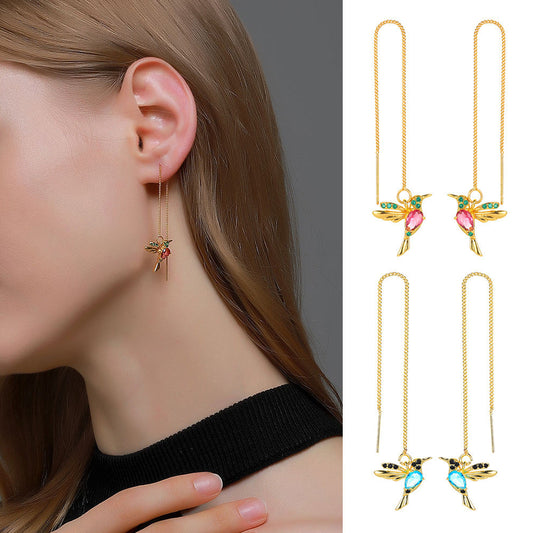 Elegant Hummingbird Earrings: Unique Long Drop Design with Tassels and Crystal Pendants – Perfect for Women and Girls Seeking Fashionable Jewelry CJ