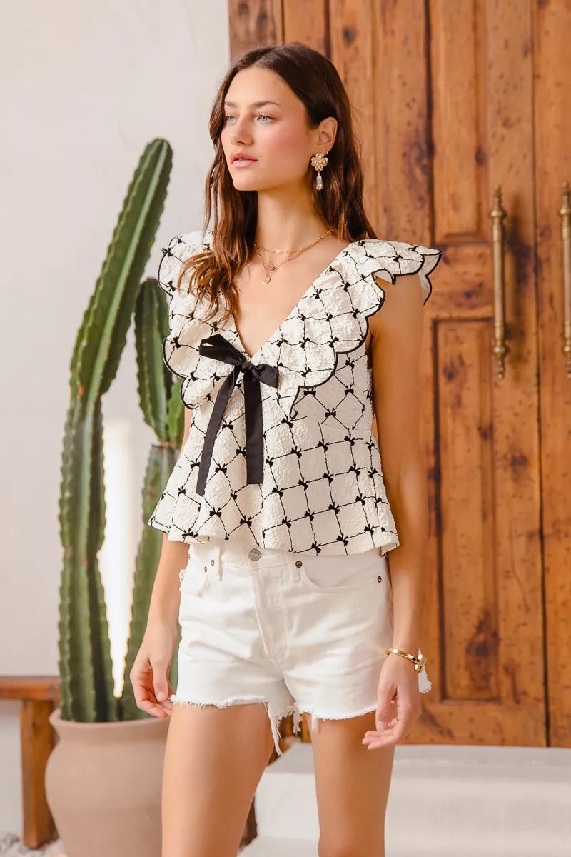 SO ME Bow Texture Jacquard Woven Top with Scallop and Tie.