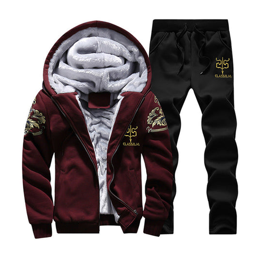 Cross border winter casual sports suit men's hooded and plush thick long sleeve pants two-piece large-size loose trend A&S Collection