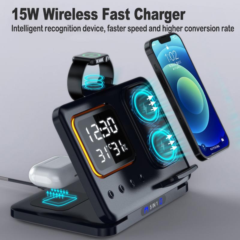 15W Wireless Chargers Stand 5 In1 LED Digital Alarm Clock Fast Charging Dock Station A&S Collection