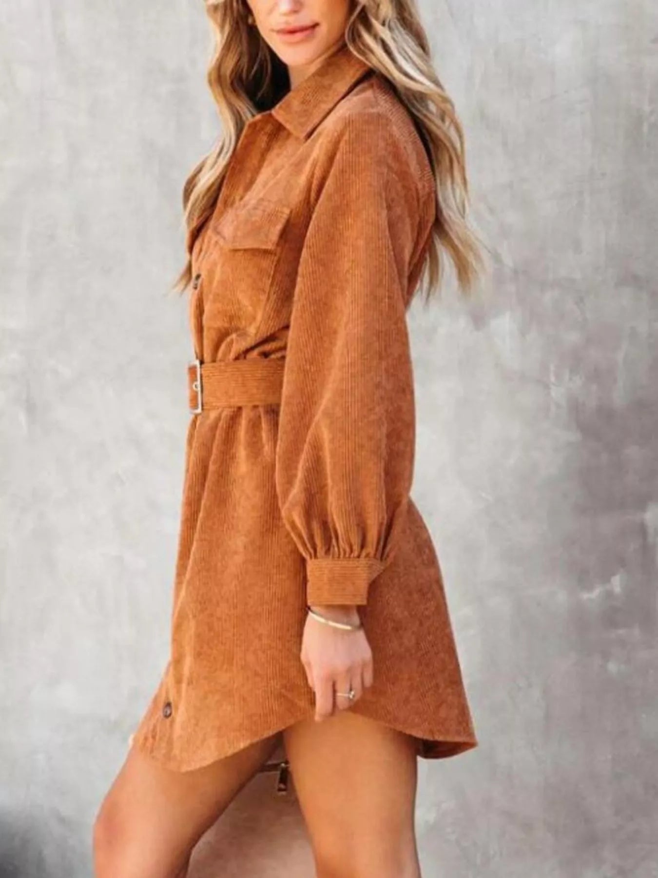 Button Front Belt Long Sleeve Corduroy Dress.
