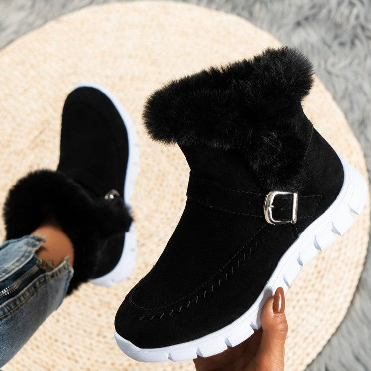 New Snow Boots Winter Warm Thickened Solid Color Plush Ankle Boots With Buckle Design Plus Velvet Flat Shoes For Women A&S Collection