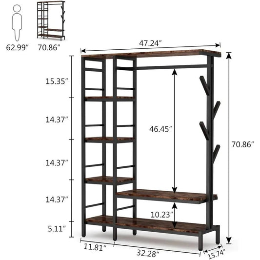 Free-standing Open Closet with Hooks, Metal Clothes Shelf Garment Rack with Shelves and Hanging Rod A&S Collection