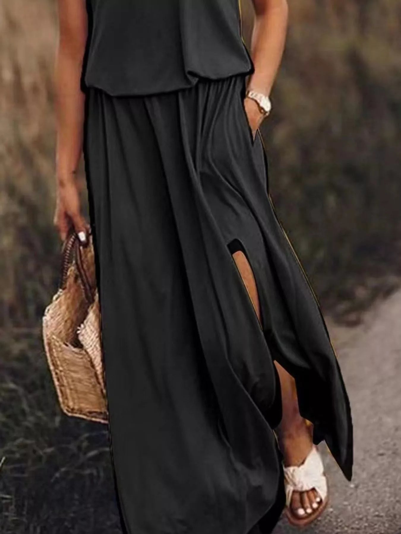 Full Size Round Neck Sleeveless Slit Maxi Dress Plus Size.