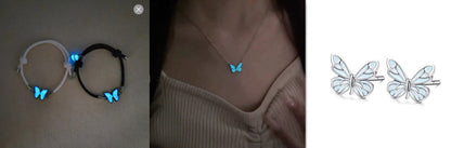 Glow-in-the-Dark Luminous Butterfly Jewelry Set: Stunning Blue Necklace and Bracelet Combo – Perfect Clavicle Chain Choker for Women’s Parties and Gifts" CJ