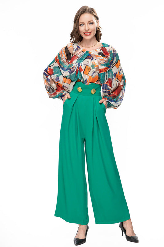 Chic French-inspired set: fashionable printed top and wide-leg trousers, perfect for a stylish, elegant look. A&S Collection