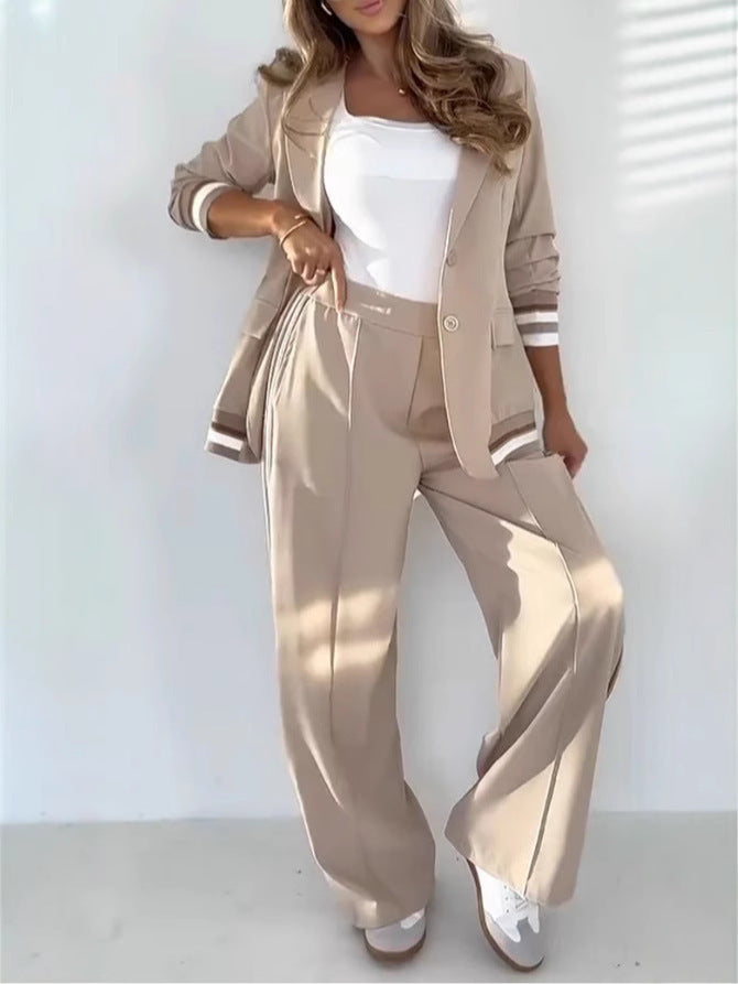 2 Pcs Set Women Suit Coat Pants Suit Lapel Long Sleeves Lady Jacket Wide Leg High Waist Trousers Female Commuting Office Outfit A&S Collection