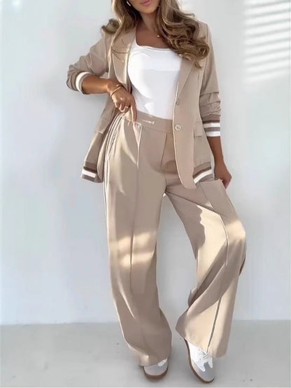 2 Pcs Set Women Suit Coat Pants Suit Lapel Long Sleeves Lady Jacket Wide Leg High Waist Trousers Female Commuting Office Outfit A&S Collection