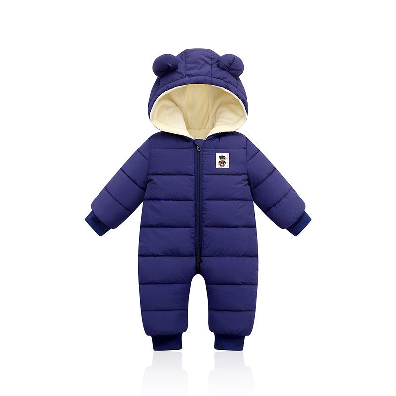 Cozy baby winter onesie with bear ears, padded for warmth with front zipper and bear patch design. A&S Collection