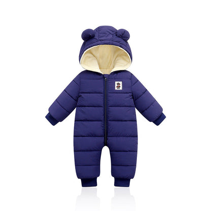 Cozy baby winter onesie with bear ears, padded for warmth with front zipper and bear patch design. A&S Collection