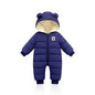 Cozy baby winter onesie with bear ears, padded for warmth with front zipper and bear patch design. A&S Collection