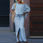 Two-piece Skirt Suits Fashion Loose Bat-sleeved Short Sleeve Top And Slim Fit Slit Maxi Skirt Patchwork Chic Outfit Women's Clothing.