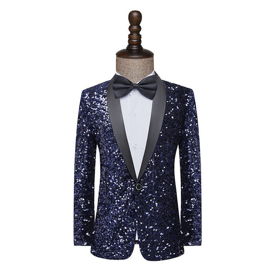 Stunning navy blue sequined tuxedo jacket with a black satin lapel, perfect for formal events. A&S Collection
