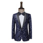 Stunning navy blue sequined tuxedo jacket with a black satin lapel, perfect for formal events. A&S Collection