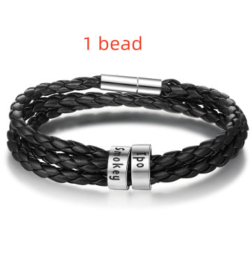 Personalized Mens Braided Genuine Leather Bracelet Stainless Steel Custom Beads Name Charm Bracelet For Men With Family Names A&S Collection