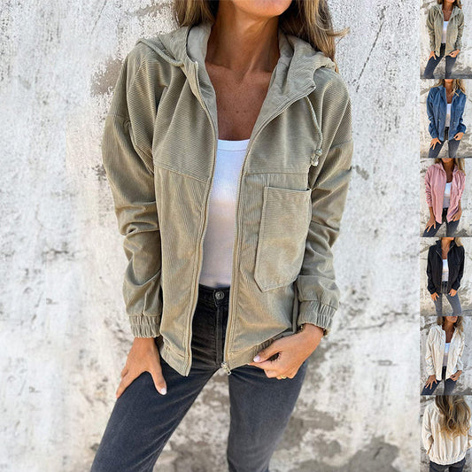 Corduroy Hooded Zip-up Jacket With Pockets Fashion Casual Drawstring Tops Outerwear Women's Clothing CJ