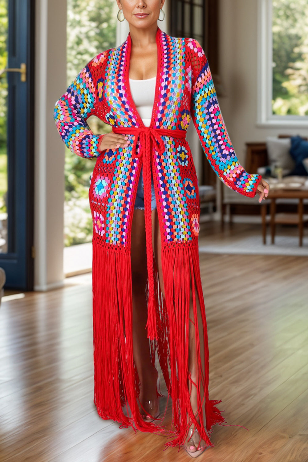 Elegant Fringe Tied Long Sleeve Cardigan.
