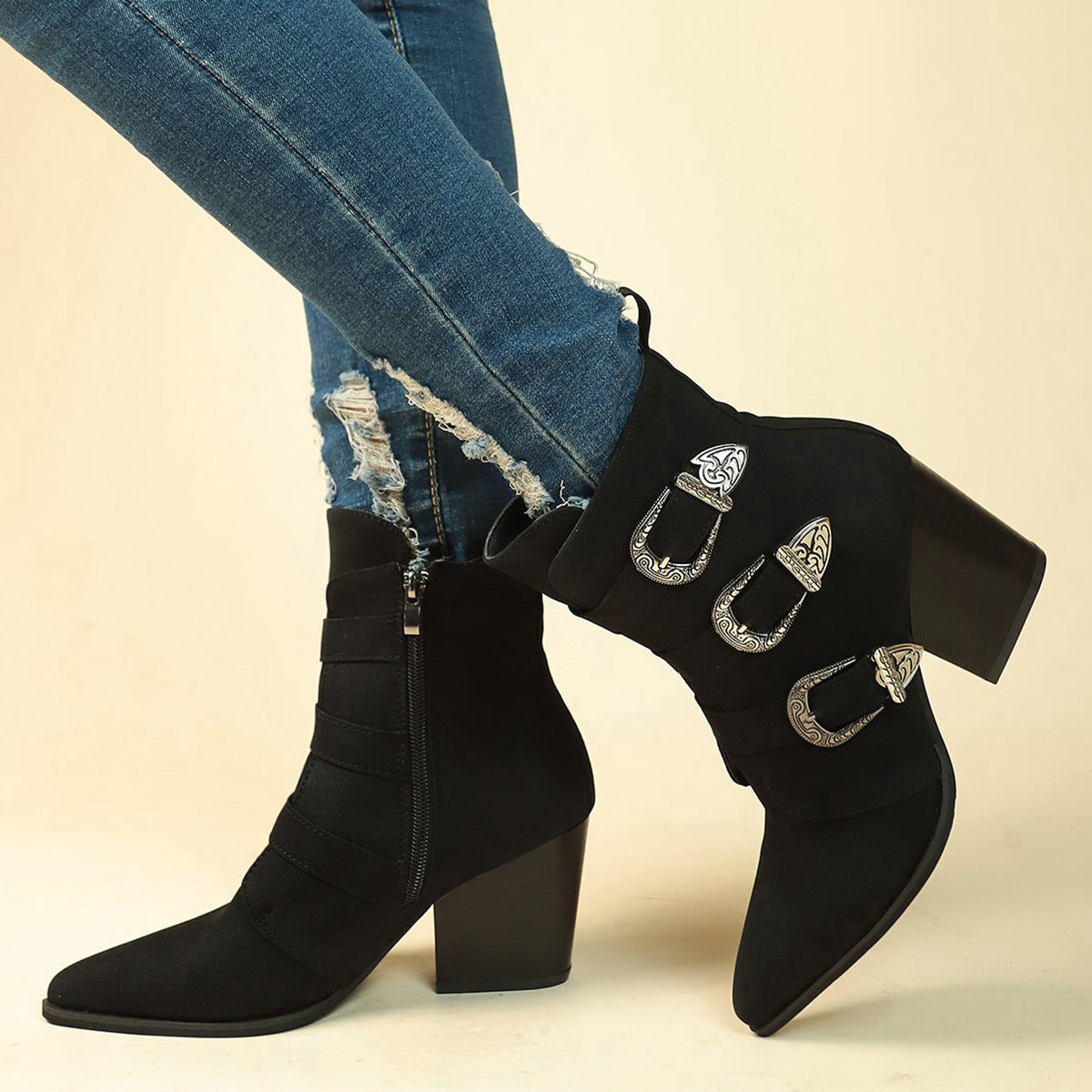 Chunky Heel Pointed Toe Boots With Belt Buckle Design Retro Mid-calf Boot Fashion Fall Winter Shoes For Women A&S Collection