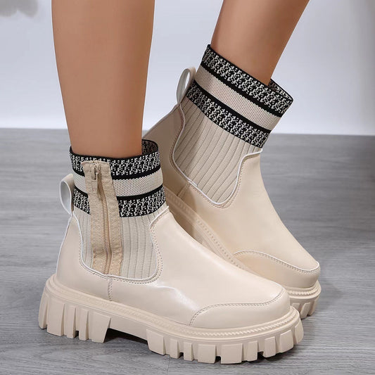 Fashion Mid-tube Boots With Zipper Design Non-slip Thick Sole Elastic Knitted Patchwork Boots For Women Round Toe Shoes Winter A&S Collection