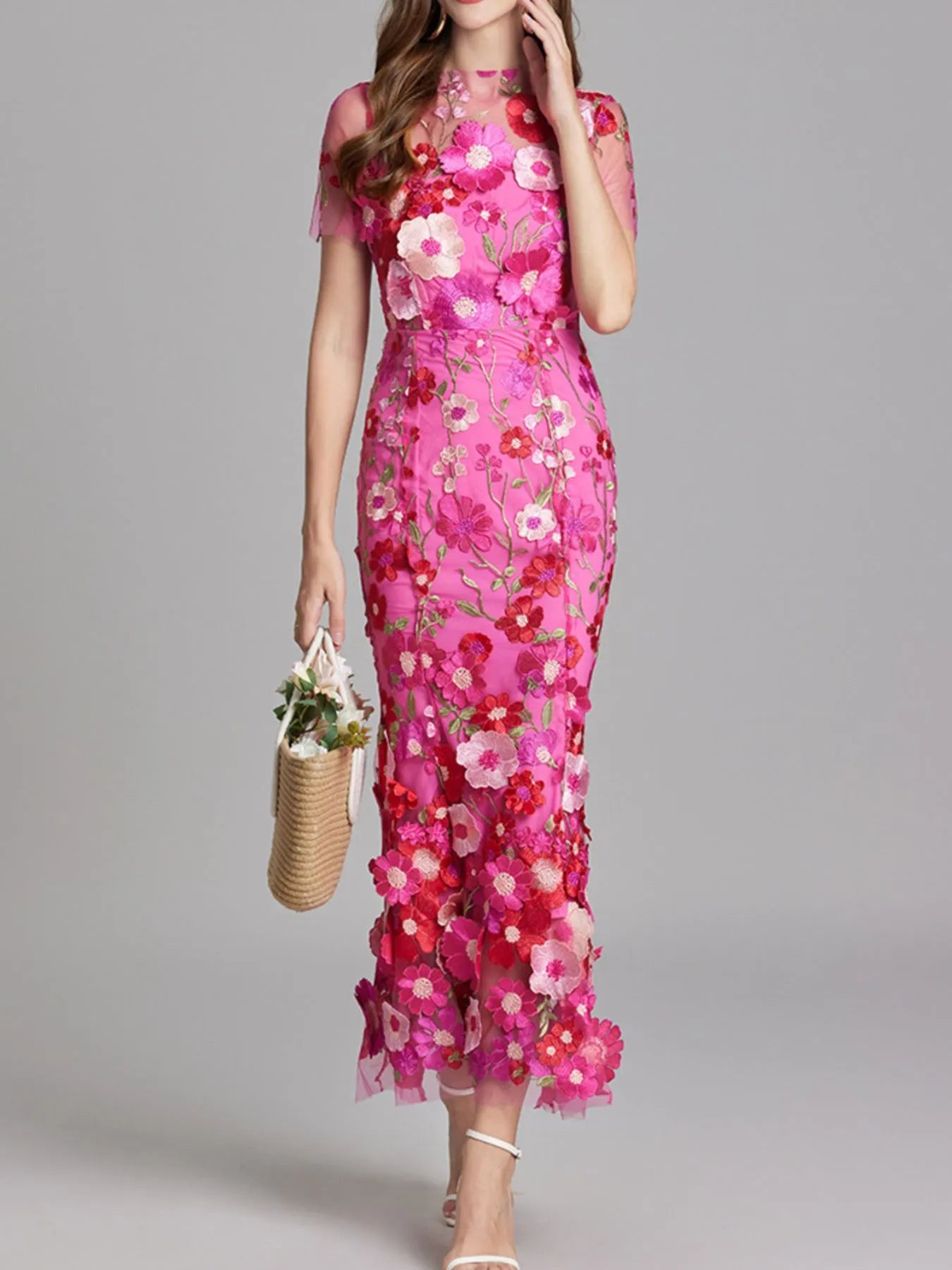 Floral Embroidered Mesh Overlay Maxi Dress.